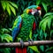 Hyper realistic nature scenery capturing ultra zoom close up of a parrot in greenary