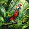 Hyper realistic nature scenery capturing ultra zoom close up of a parrot in greenary