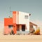 Hyper-realistic Orange House In The Desert: Vintage Minimalism And Vibrant Illustrations