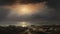 Hyper-realistic Painting Of Sun Over Ocean With Rocks And Clouds