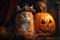 Hyper realistic photo of charming ginger cat in Halloween costume with Jack-o'-Lantern on the side