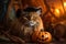 Hyper realistic photo of charming ginger cat in Halloween costume with Jack-o'-Lantern on the side