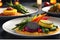 Hyper-Realistic Photograph of an Array of Gourmet Dishes Featuring Vibrant Textured Vegetables - Glistening Culinary Delight