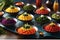 Hyper-Realistic Photograph of an Array of Gourmet Dishes Featuring Vibrant Textured Vegetables - Glistening Culinary Delight