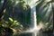 Hyper realistic photograph of a nature scene water fall, forest, green trees and plants ai generated