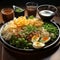 Hyper-realistic Plate Of Ramen And Chips With Mushy Peas