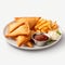 Hyper-realistic Plate Of Samosas And Fries On White Background