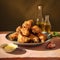 Hyper-realistic Portraiture: Fried Chicken With Olive Bottle In Kitchen