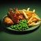 Hyper-realistic Rendering Of Chicken Wings And Chips With Mushy Peas