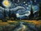 Hyper realistic rendition of Van Gogh starry night, with a river, nature view, mysterious dark nature background