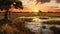 Hyper-realistic Sunset Illustration Of Wetland With Avian Theme