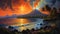 Hyper-realistic Volcano Painting With Golden Tropic Coastal Scenery
