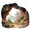 Hyper Realistic Watercolor Cave Illustration With Mountain Landscape