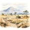 Hyper Realistic Watercolor Illustration Of African Savannah With Mountains