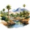 Hyper Realistic Watercolor Illustration Of Desert Oasis With Mountains