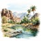 Hyper Realistic Watercolor Illustration Of Desert Oasis With Mountains