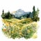 Hyper Realistic Watercolor Illustration Of Meadow In Mountain Scene