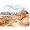 Hyper Realistic Watercolor Landscape Of Badlands With Mountains