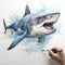 Hyper-realistic Watercolor Painting Of A Detailed Shark