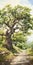 Hyper Realistic Watercolor Painting Of Oak Tree Path
