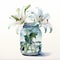 Hyper-realistic Watercolor Painting Of White Lilies In A Jar