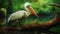 Hyper-realistic White Pelican On Wood Branch In Colorful Jungle