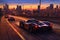 hypercar racing past urban skyline at dusk