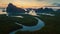 Hyperlapse aerial view drone flying over mangrove forest and mountain peak at sunrise, Phang nga bay, Thailand