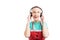 Hypermarket employee listening music on headphones