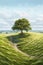 Hyperrealism, Minimalism, Cinematic, grassy landscape with a stunning lone oak tree