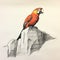 Hyperrealist Parrot Perched On Cliff: Dark Orange And Red Sketch