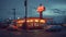 Hyperrealistic 1950s diner scene with neon glow, vintage cars, and vibrant colors in wide angle view