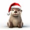 Hyperrealistic 3d Stock Images: Otter Wearing Christmas Hat Isolated On White