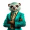 Hyperrealistic Anthropomorphic Ferret In Green Turquoise Suit On White Background