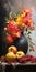 Hyperrealistic Black Vase With Orange And Yellow Flowers And Fruit