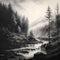 Hyperrealistic Black And White Landscape Painting: Forest And River