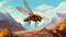 Hyperrealistic Cartoon Bee Flies Over Rocky Mountain Field