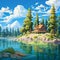 Hyperrealistic Cartoon Lake Scene With Cabin In Vibrant Palette