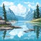 Hyperrealistic Cartoon Mountain Landscape With Reflective Lake