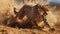 Hyperrealistic cheetah sprinting in savanna, defined muscles, dust swirling, dramatic shadows