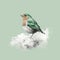 Hyperrealistic Fairy Green Bird On White Cloud - Minimalist Editorial Illustration