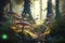 Hyperrealistic Fairy Tale Forest at Morning - Pine Trees, Mushrooms, and Sunlight, generative ai