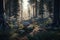 Hyperrealistic Fairy Tale Forest at Morning - Pine Trees, Mushrooms, and Sunlight, generative ai