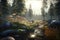 Hyperrealistic Fairy Tale Forest at Morning - Pine Trees, Mushrooms, and Sunlight, generative ai