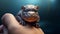 Hyperrealistic Fantasy: A Tiny Baby Hippopotamus Sitting On A Hand