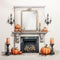 Hyperrealistic Halloween Fireplace Illustration With Pumpkins And Candles