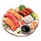 Hyperrealistic Illustration Of Asada Plate With Salmon And Sushi Fishes