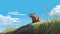 Hyperrealistic Illustration Of A Beaver Resting On Grass With A Blue Sky