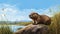 Hyperrealistic Illustration Of A Beaver Resting On A Rock By The Water