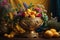 Hyperrealistic illustration of a still-life decorated gold vessel with fresh fruits and colored flowers